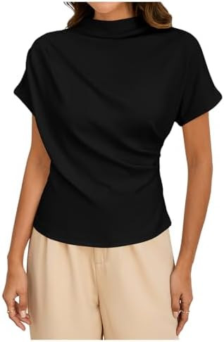 SweatyRocks Women's Casual Short Sleeve Mock Neck Tee Top Asymmetric Ruched Plain T Shirt | Amazon (US)