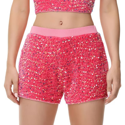Anna-Kaci Women's High-Waisted Sequin Shorts with Elastic Waistband and Side Pockets - Small, Hot Pink | Target