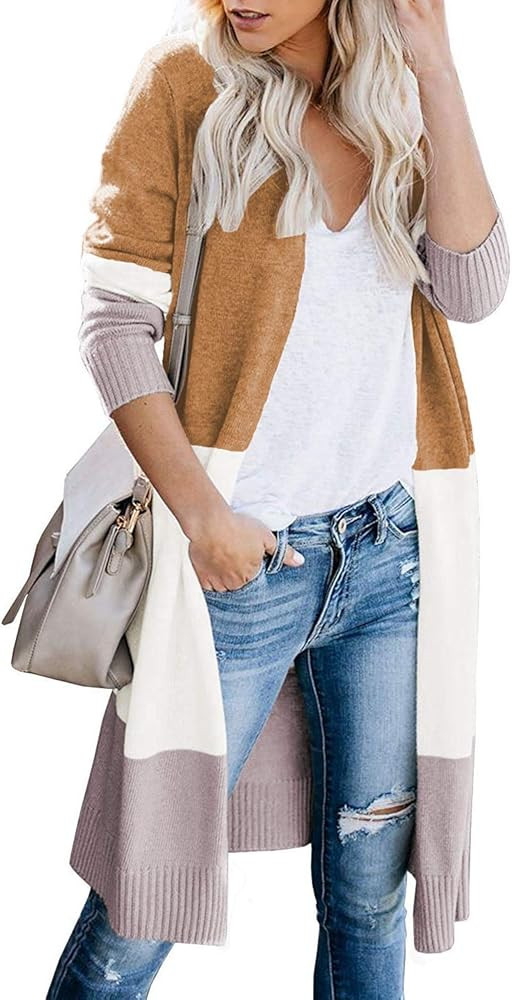 CARDYDONY Women's Long Cardigan Open Front Color Block Cardigan Knit Sweaters | Amazon (US)
