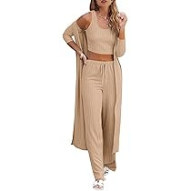 Fessceruna Womens 3 Piece Lounge Sets Pajamas Knit Long Sleeve Cardigan Crop Top Wide Leg Pants L... | Amazon (US)