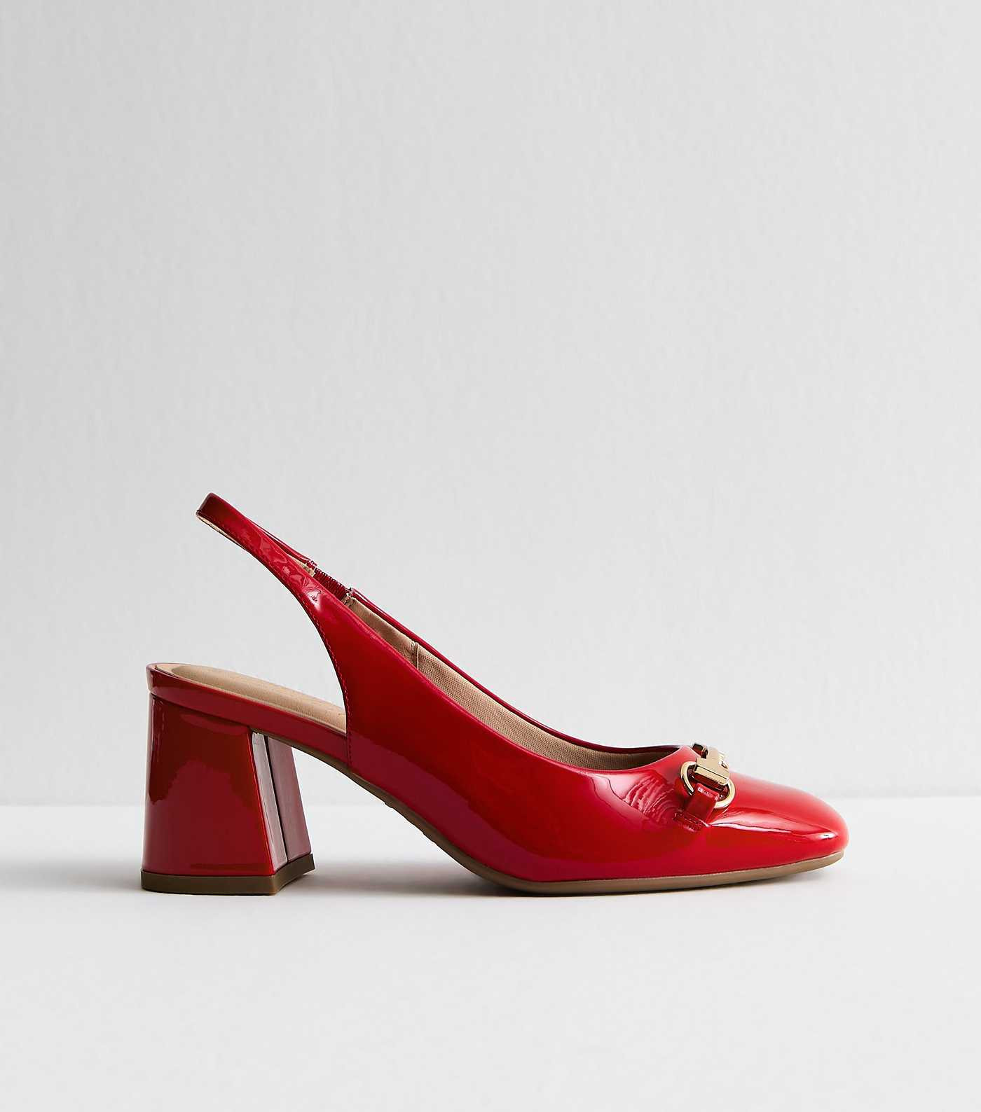 Red Faux Patent Snaffle Detail Block Heel Slingback Pumps | New Look | New Look (UK)