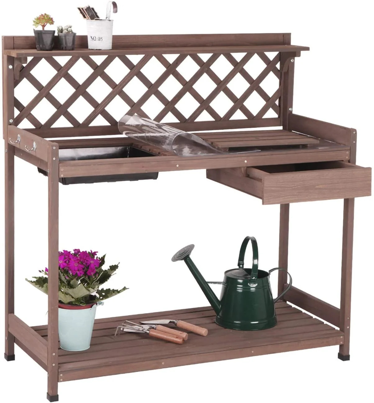 Potting Bench with PVC Layer, Outdoor Gardening Work Bench with Sink & Lid, Wooden Planting Table... | Walmart (US)