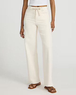 High Waisted Ivory Wash Drawstring Wide Leg Jeans | Express