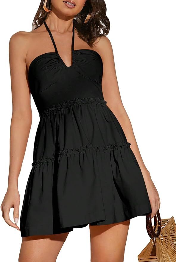 MakeMeChic Women's Sleeveless Tie Backless Halter Dress High Waisted Mini Short Smocked Dress | Amazon (US)