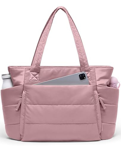 Tote Bag for Women with Zipper, Quilted Puffer Tote Bag with Compartments, Lightweight Puffy Work Bags for Women Travel (Mauve Pink | Amazon (US)