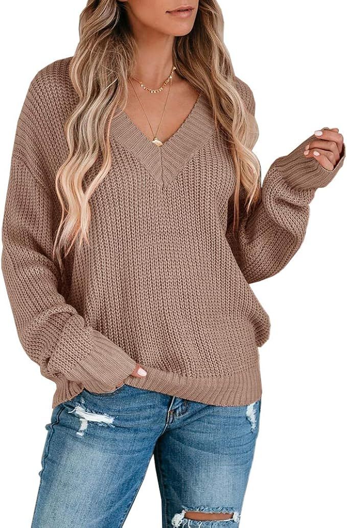 Foshow Womens V Neck Sweaters Oversized Long Sleeve Off Shoulder Ribbed Loose Knit Slouchy Pullov... | Amazon (US)