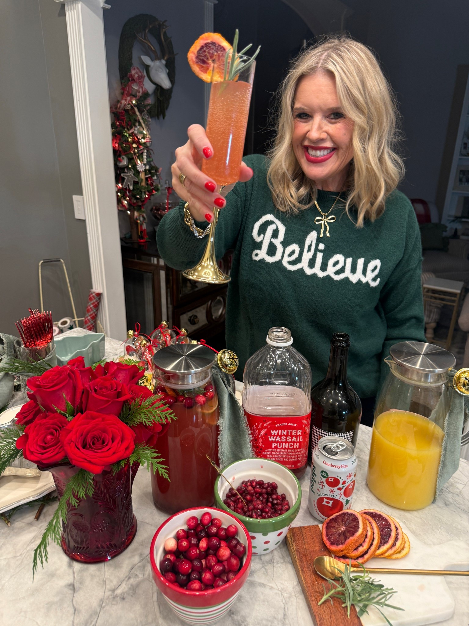 Believe & merry  sweater..Vincent comuto tts 

Bow necklace Allie and Bess 
Save 20% with code DARCy20

Pitchers 
Champagne flutes 

Recipe on blog and Instagram 


#LTKfoodie #LTKHome #LTKHoliday