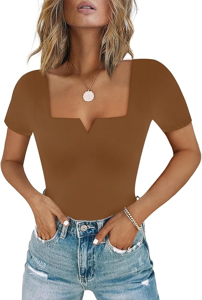 Chunpin Women's Short Sleeve Bodysuit Square Neck Notch V Neck Bodysuits Double Lined Tops Going ... | Amazon (US)