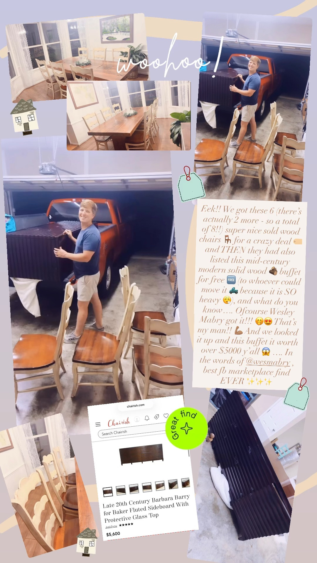 Eek!! We got these 6 (there’s actually 2 more - so a total of 8!!) super nice scalloped solid wood chairs 🪑 for a crazy deal 🏷️ and THEN they had also listed this mid-century modern solid wood 🪵 buffet for free 🆓 (to whoever could move it 🛻 because it is SO heavy 😮‍💨), and what do you know…. Ofcourse Wesley Mabry got it!!! 🤭😍 That’s my man!! 💪🏽 And we looked it up and this buffet it worth over $5000 y’all 😱 …. In the words of @wesmabry , best fb marketplace find EVER ✨✨✨