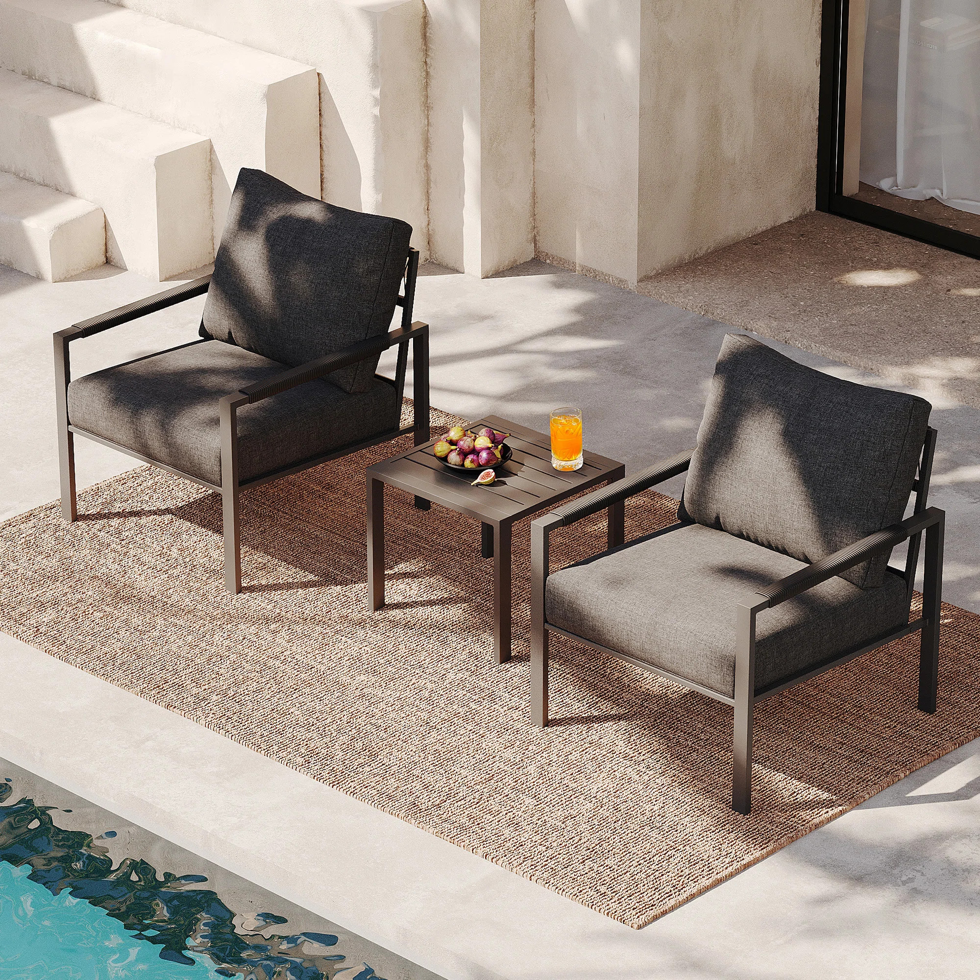 Metal 3 Pieces Patio Set, 2- Person Outdoor Seating Group With Thick Cushions, Coffee Table | Wayfair North America
