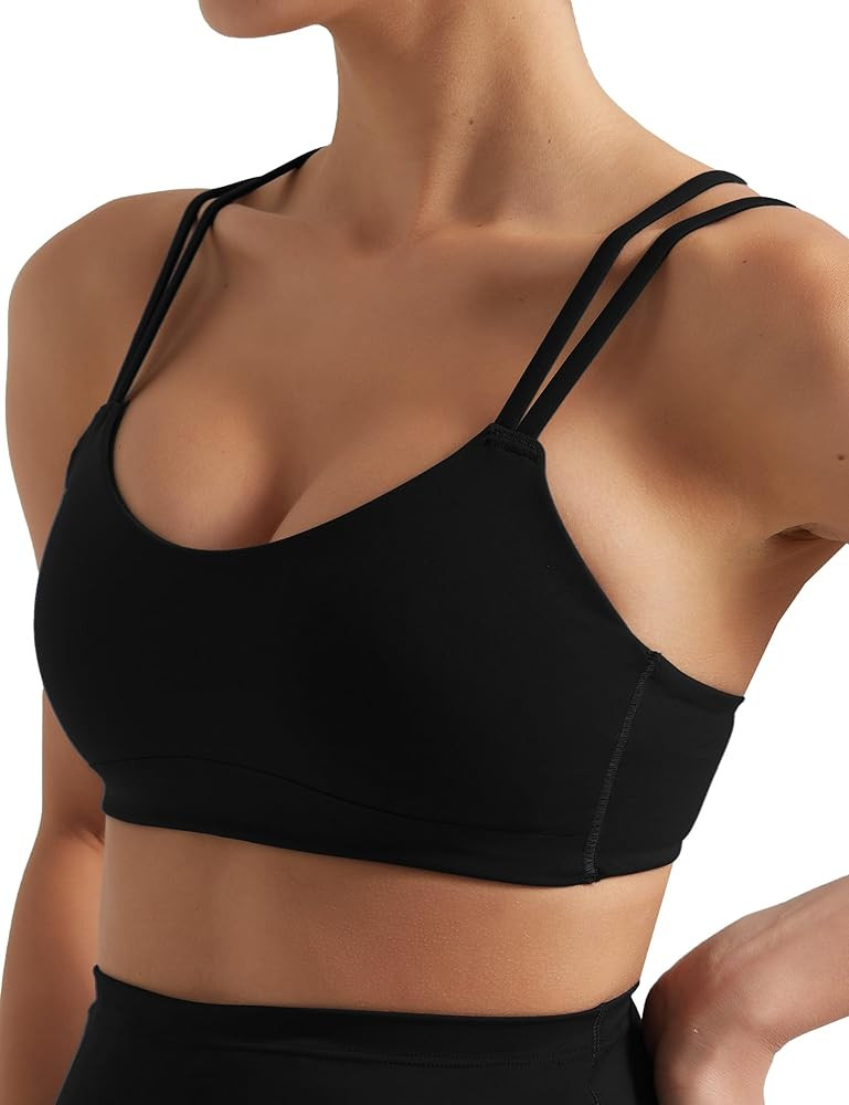 Yoga Sports Workout Bras for Women Seamless Molded Cup Spaghetti Double Strap Bra Wirefree Scoop ... | Amazon (US)
