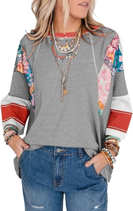 EVALESS Boho Tops for Women Dressy Casual Spring 3/4 Length Sleeve Crewneck Patchwork Striped Ove... | Amazon (US)