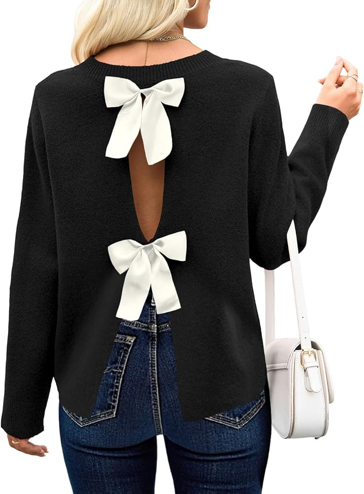 Saodimallsu Womens Bow Sweater Open Back Long Sleeve Going Out Tops Crew Neck Knit Split Fall Tre... | Amazon (US)