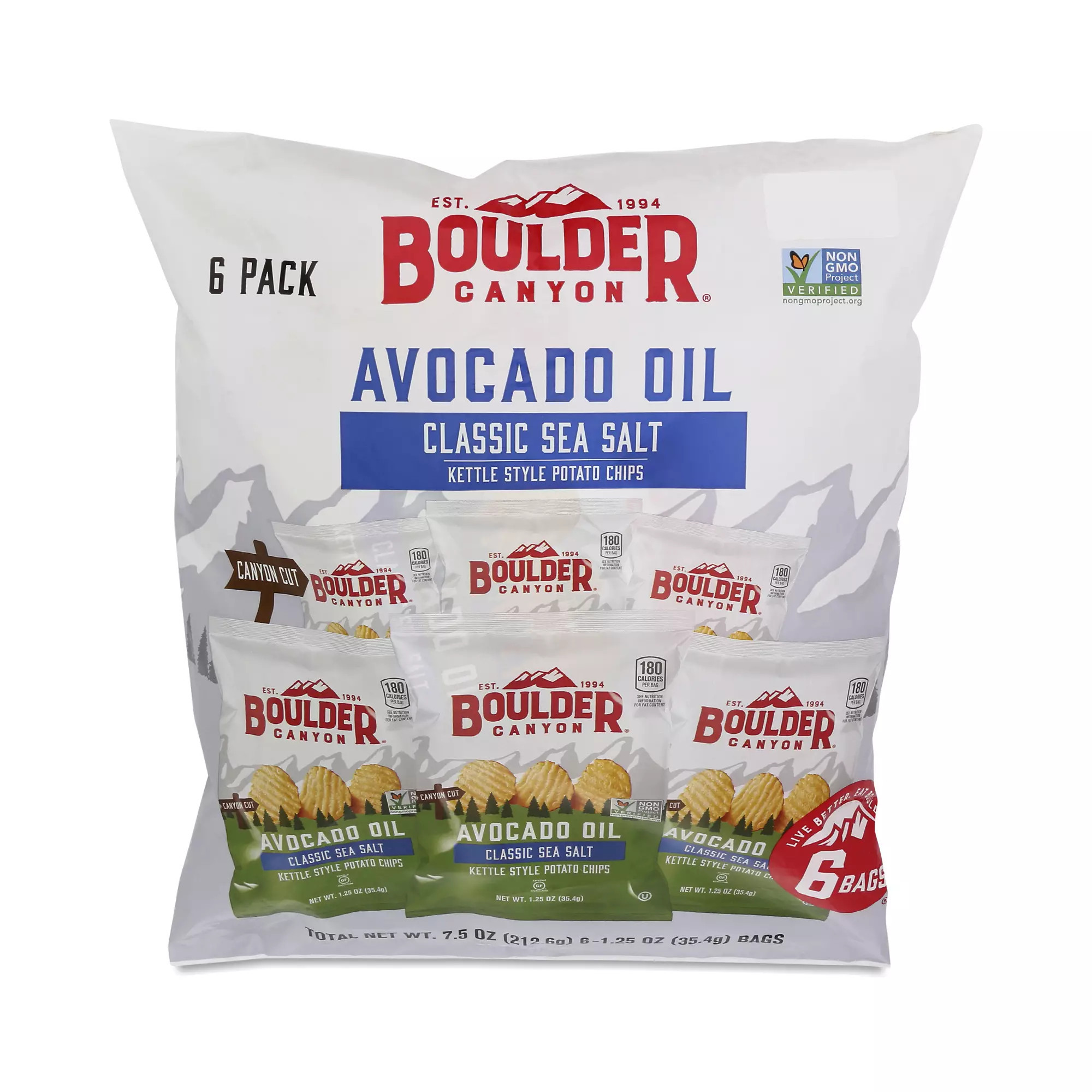 Boulder Canyon Avocado Oil Canyon Cut Kettle Style Potato Chips, Sea Salt, Snack Pack 6 bags (1.25 oz each) | Thrive Market