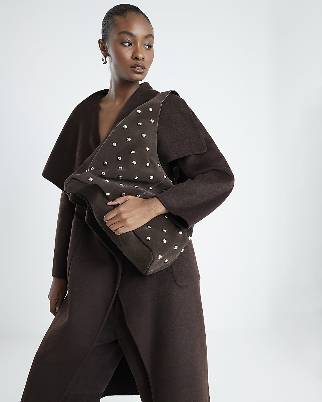 Brown Suede Studded Slouch Shoulder Bag | River Island UK & IE