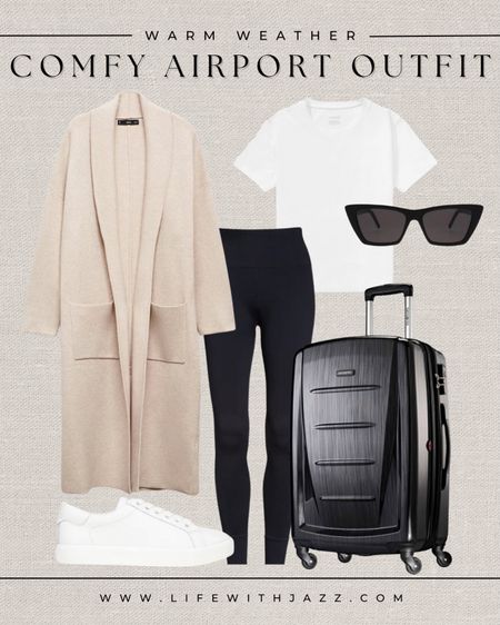 Comfy airport outfit inspo for warm weather 

Long beige cardigan / white tee / black leggings / suitcase / sunglasses / white sneakers / casual / comfy 

#LTKSeasonal #LTKstyletip #LTKtravel