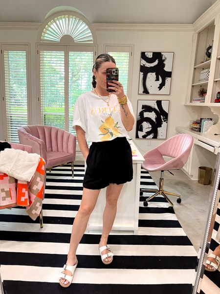 How to style a graphic tee for the summer with this cute linen shorts! 
--
// how to style linen shorts // graphic tee outfit idea // summer outfit idea. 

#LTKFind #LTKunder50 #LTKunder100