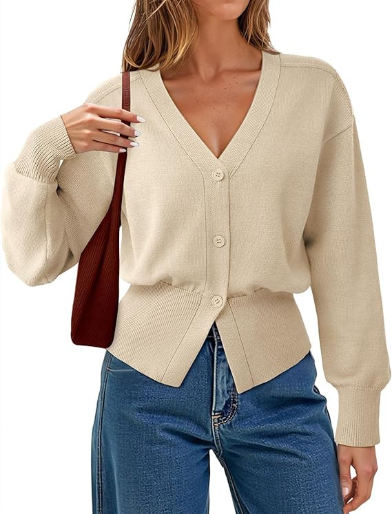 Gaharu Womens Open Front Cardigan Sweaters Long Sleeve Knitted Button Tops Casual V-Neck Peplum O... | Amazon (US)