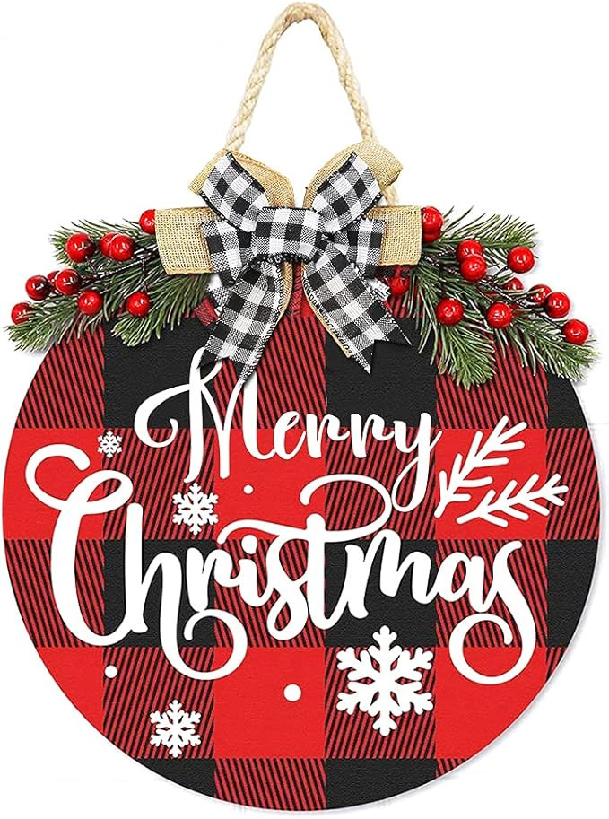 Merry Christmas Decorations Wreath, Buffalo Plaid Hanging Sign Rustic Wooden Holiday Decor for Fr... | Amazon (US)