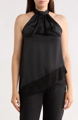 Renee C Satin Lace Asymmetrical Halter Top in Light Butter at Nordstrom Rack, Size Large | Nordstrom Rack