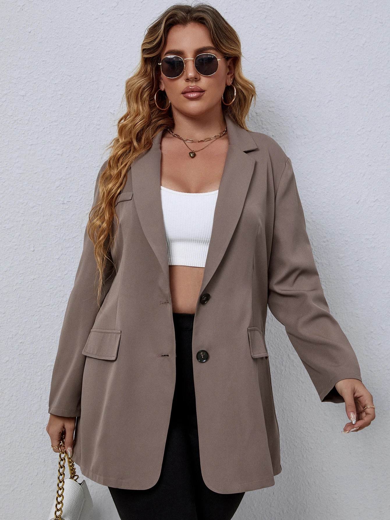 Plus Solid Button Through Blazer | SHEIN