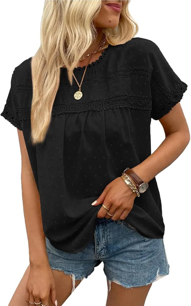 Poetsky Womens Summer Short Sleeve Lace Crochet Blouses Flowy Babydoll Dressy Casual Work Tops | Amazon (US)