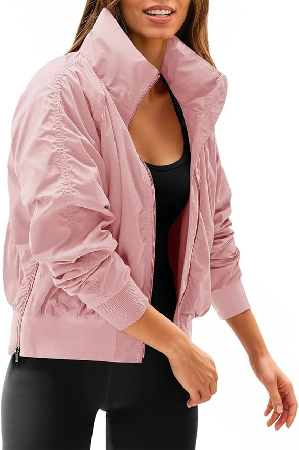 Fisoew Womens Windbreaker Crop Jackets Long Sleeve Zip Up Hidden Hooded Winter Bomber Jacket with... | Amazon (US)