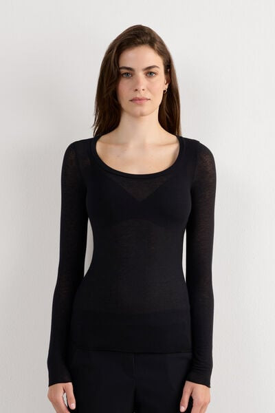 Intimissimi Long Sleeve Scoop Neck Top in Ultralight Modal with Cashmere Woman Black Size S | Intimissimi (US)