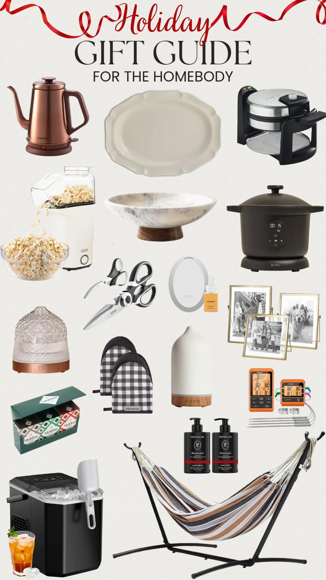 Holiday Gift Guide for the Homebody 🎁🏡✨
For the ones who love cozy nights in, this roundup is full of elevated home essentials and comfort driven gifts. Think an electric kettle, beautiful serving platter, waffle maker, and popcorn maker for warm, easy nights at home. I also added luxe touches like the Maldon salt set, marble fruit bowl, Preston Lane soap + lotion set, Pura diffuser, kitchen shears, essential oil diffusers, outdoor coziness with a hammock + stand, plus kitchen favorites like KitchenAid oven mitts, an ice maker, and the Our Place Dream Cooker. Cozy perfection! ✨ 

 #LTKGiftGuide #LTKfoodie #LTKHome