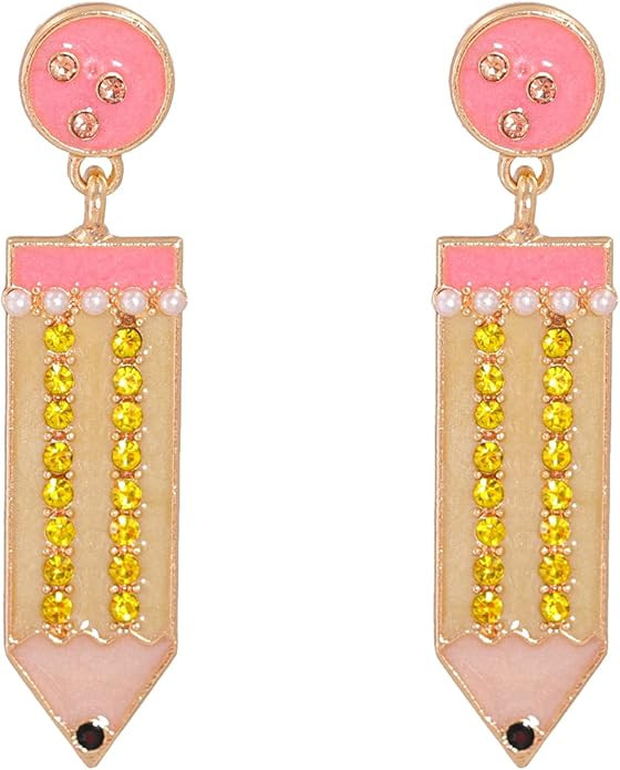 Amazon.com: Funny Pencil Crystal Drop Dangle Earrings Stud Earrings for Women Teen Girls, Teacher... | Amazon (US)