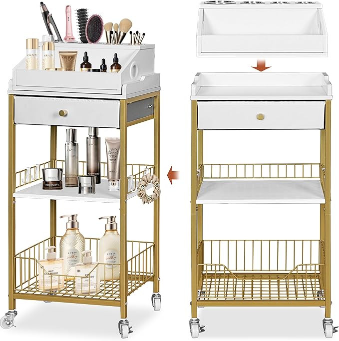 Makeup Organizer Cart with Drawer, 2-in-1 Rolling Organizer Cart with Hair Tool Holder, Vanity St... | Amazon (US)