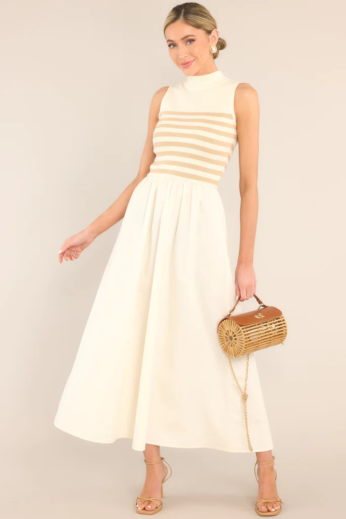 Timeless Treasures Tan & White Sleeveless Striped Maxi Dress | Red Dress 