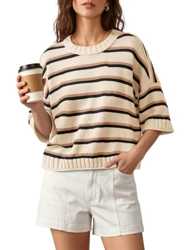 Nirovien Womens Short Sleeve Striped Sweater Crewneck Knitted Fall Sweaters | Amazon (US)
