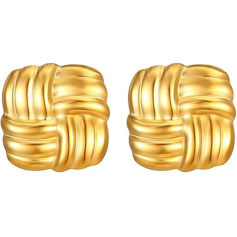 Gold Statement Chunky Stud Earrings for Women，Geometric Square Textured Vintage Trendy Jewelry | Amazon (US)