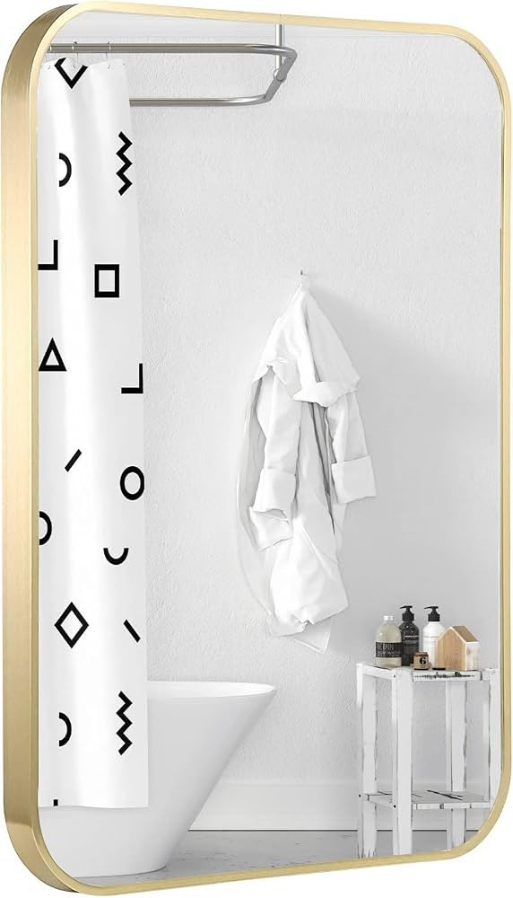 Gold Bathroom Mirror, 20x30 Inch Brushed Brass Gold Metal Framed Rectangular Mirror with Rounded ... | Amazon (US)