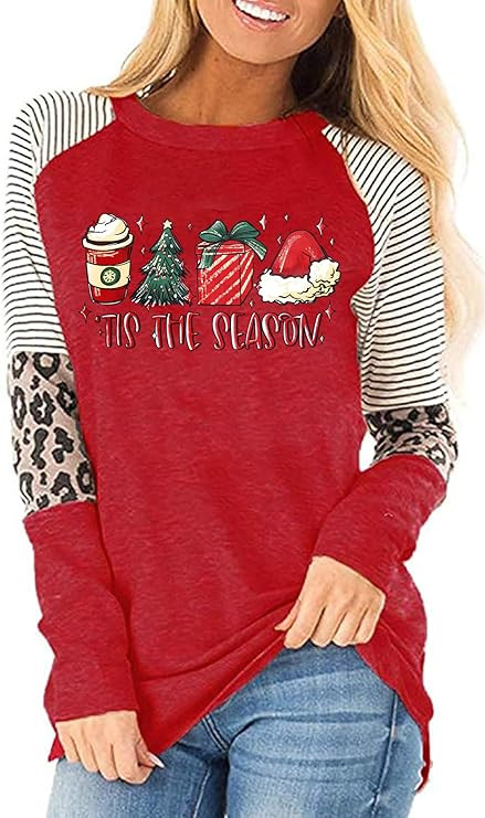 Christmas T Shirt Womens Merry and Bright Shirt Xmas Leopard Print Tree T-Shirt Holiday Graphic T... | Amazon (US)