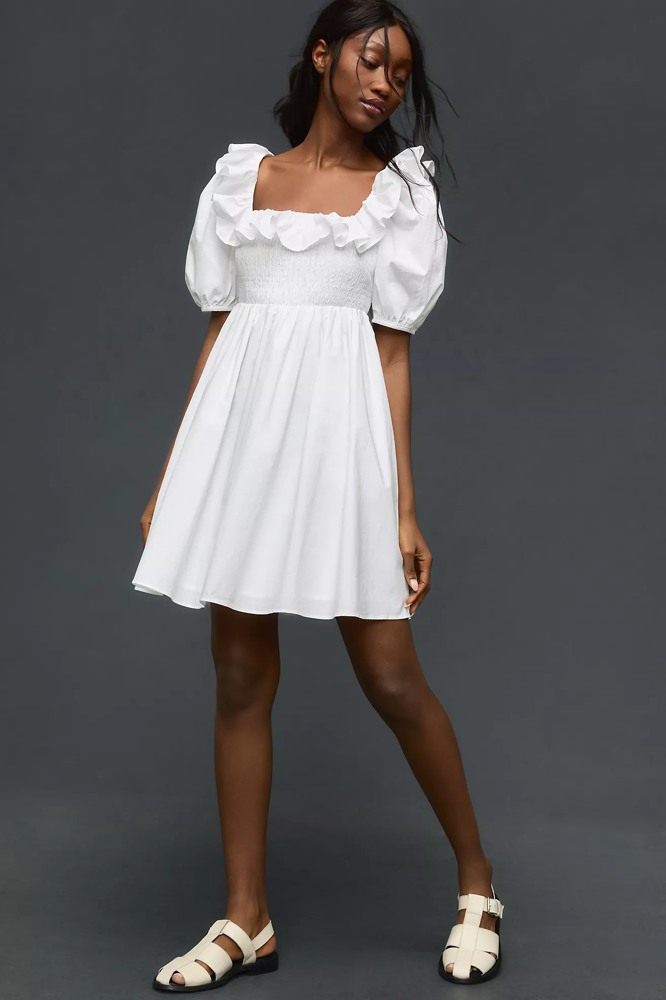 English Factory Puff-Sleeve Ruffled Smocked Mini Dress | Anthropologie (US)