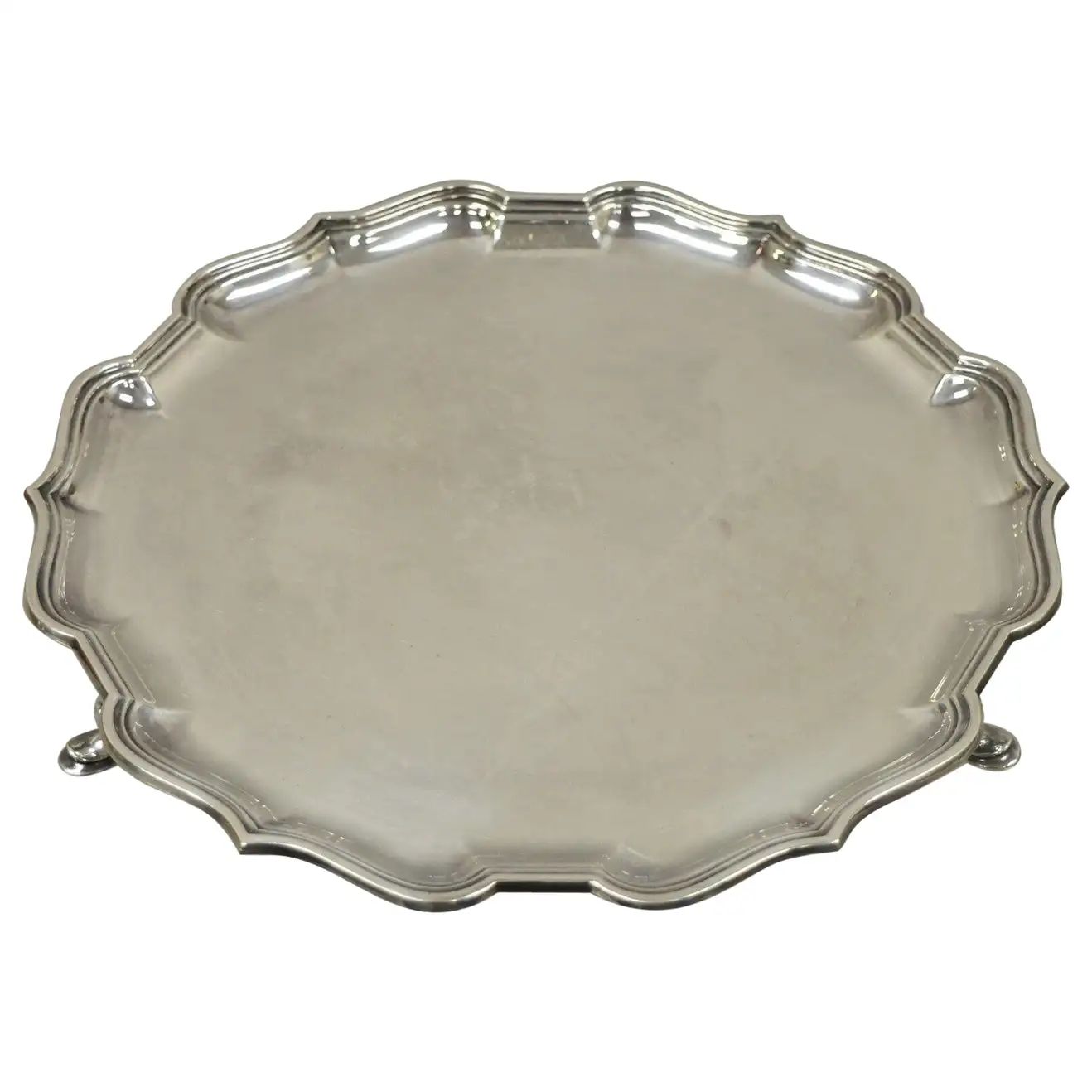 Roberts & Belk England Silver Plate Regency Square Footed Scalloped Tray | 1stDibs