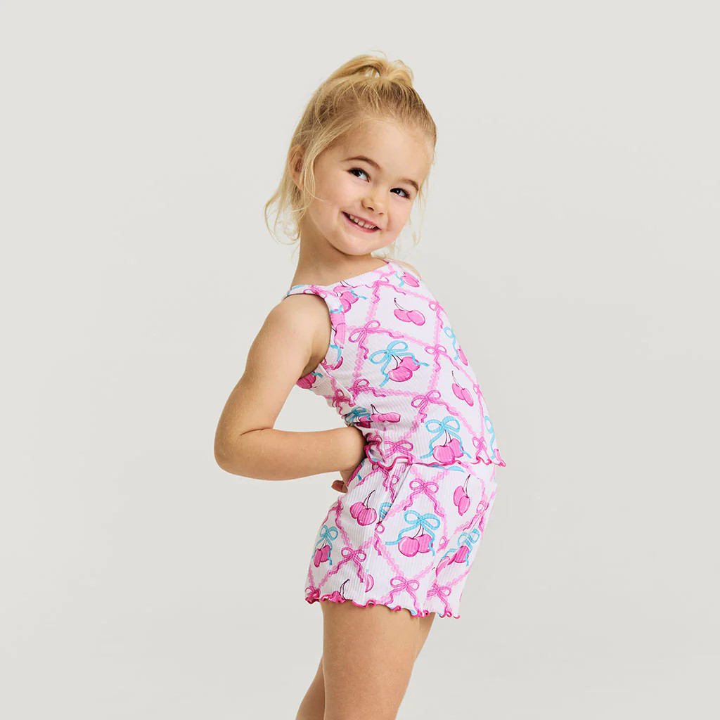 Cherries Pink Sleeveless Amarena Lettuce Edge Cami Short Set | Posh Peanut® | Posh Peanut