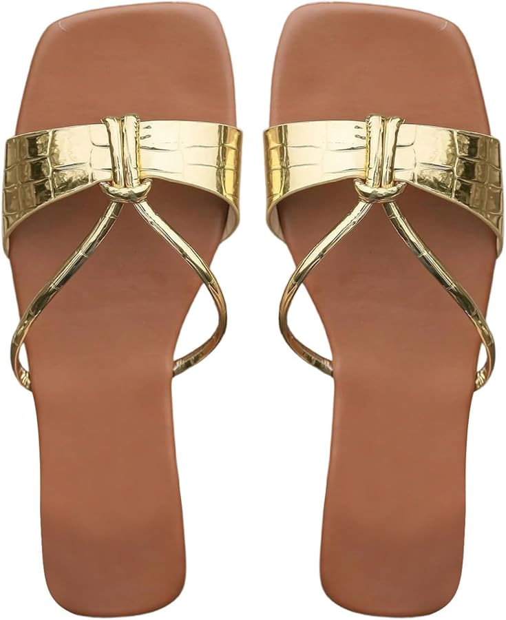 OYOANGLE Women's Metallic Open Square Toe Flat Sandals Slip On PU Leather Dressy Slides Sandal | Amazon (US)