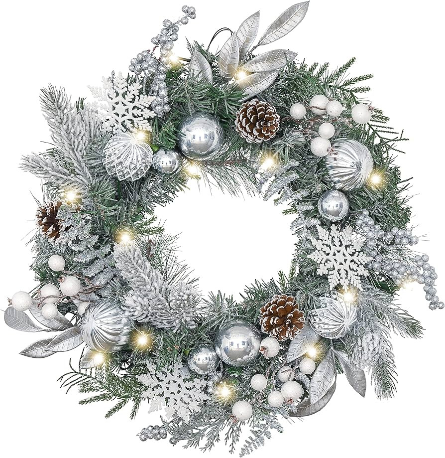 Valery Madelyn 18inch/45cm Pre-lit Christmas Wreath for Front Door, Frozen Winter Silver White Wr... | Amazon (UK)