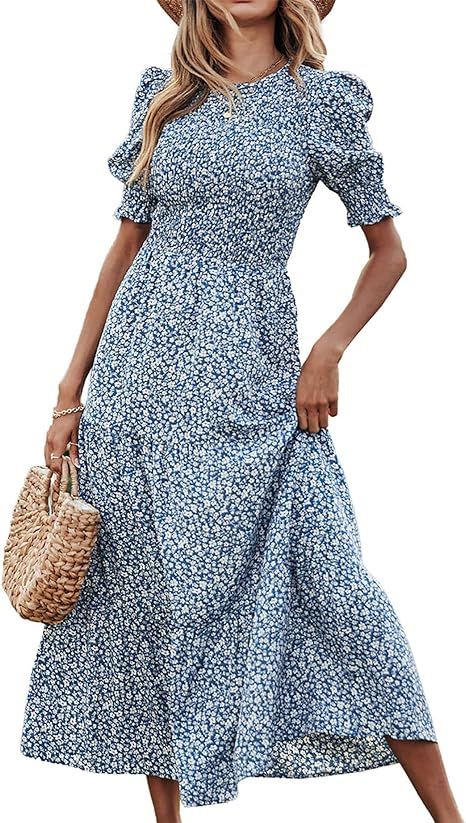 BTFBM Women Casual Summer Dresses 2024 Spring Crew Neck Ruffle Short Sleeve Floral Print Smocked ... | Amazon (US)