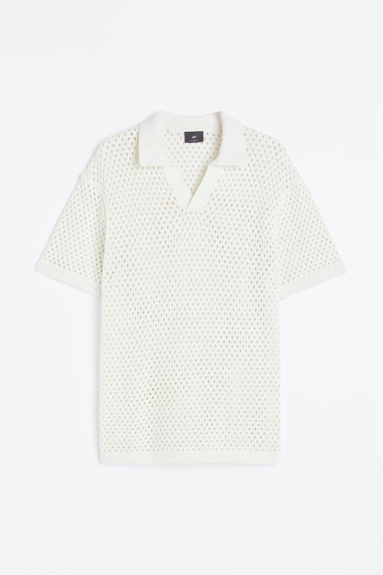 Relaxed Fit Hole Knit Polo Shirt - White - Men | H&M AU | H&M (AU)