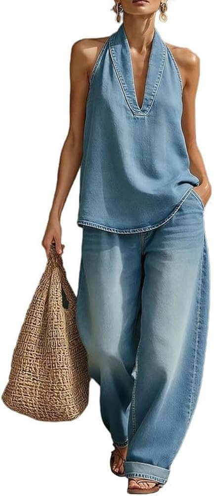 Famnbro Womens Denim Set 2 Piece Sleeveless Halter Tank Wide Leg Jeans | Amazon (US)