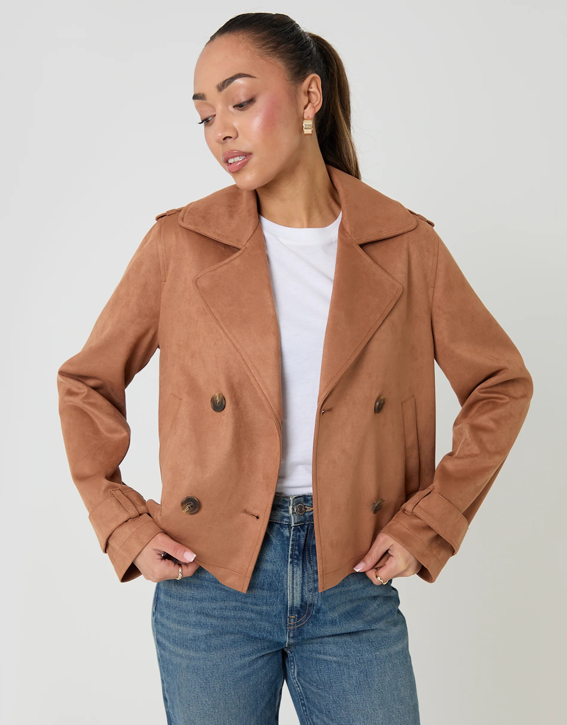 Tan Brown Suedette Cropped Trench Coat | Threadbare