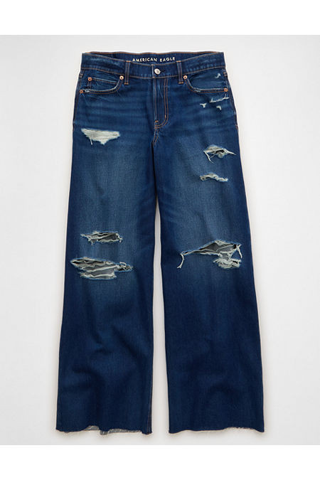 AE Dreamy Drape Strigid Low-Rise Baggy Ultra-Wide Leg Jean Women's Faded Indigo 20 Long | American Eagle Outfitters (US & CA)