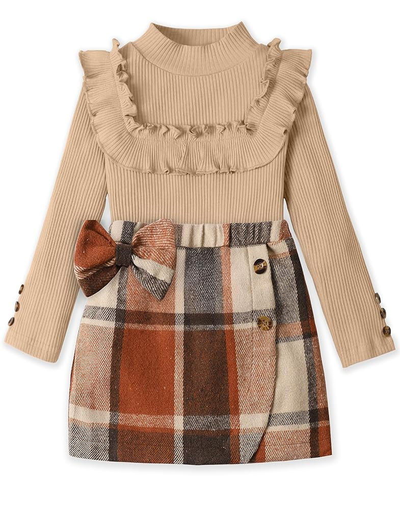 Toddler Girl Clothes Turtleneck Knitted Ruffle Long Sleeves Tops & Plaid Bowtie Skirts Set 2PCS C... | Amazon (US)