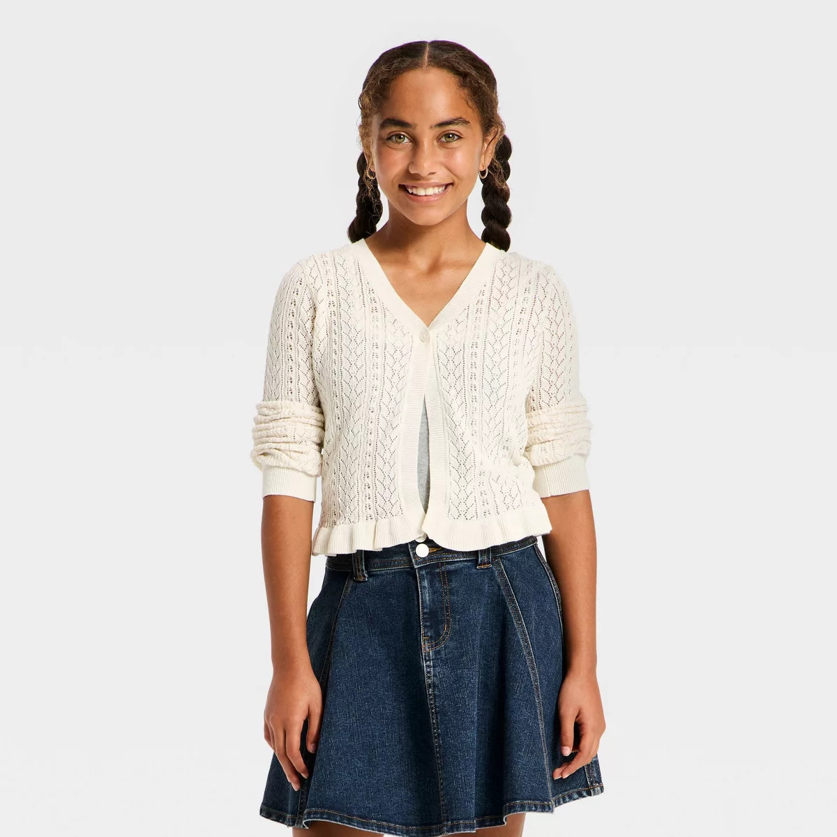 Girls' Ruffle Edge Pointelle Cardigan - art class™ Off-White S | Target