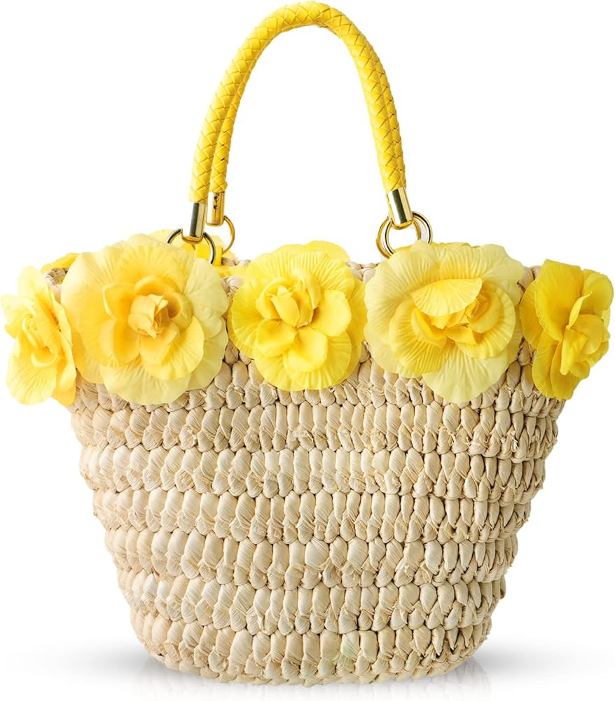 QTKJ Beach Bag for Women, Straw Handmade Handbag, Yellow Leather Braided Handle and Flower Decora... | Amazon (US)