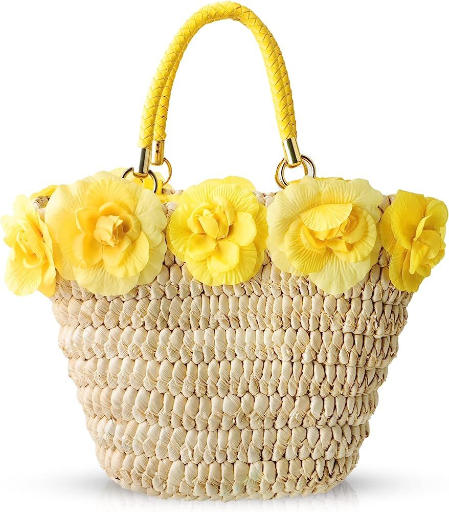 QTKJ Beach Bag for Women, Straw Handmade Handbag, Yellow Leather Braided Handle and Flower Decora... | Amazon (US)